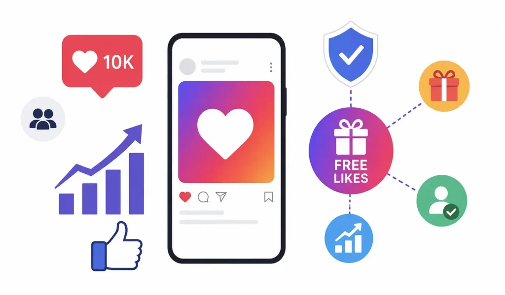 Social media engagement growth with free likes and audience interaction icons.
