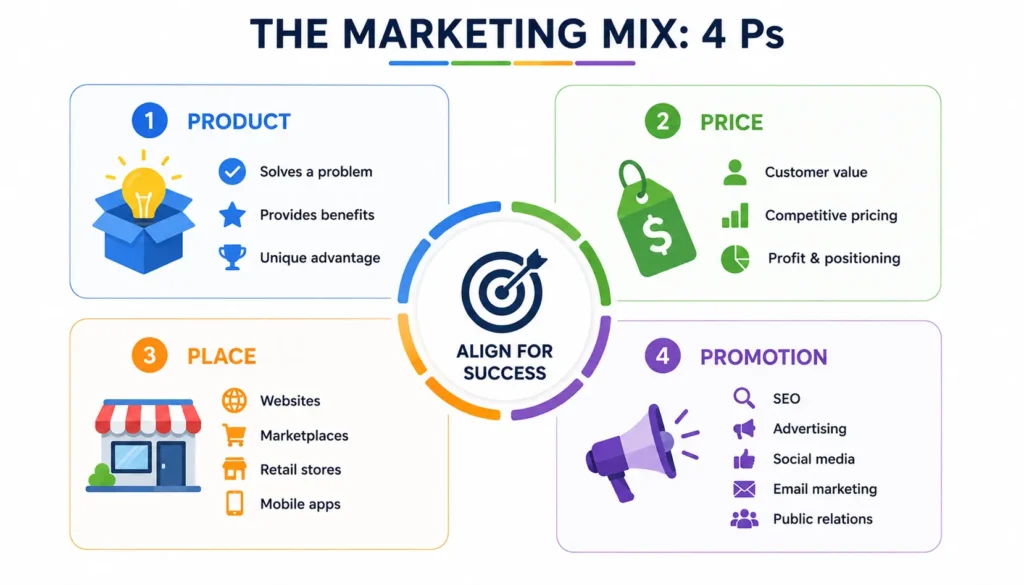 Infographic illustrating the Marketing Mix (4 Ps) with icons for Product, Price, Place, and Promotion surrounding a central success target, showing how these elements work together to create an effective marketing strategy.
