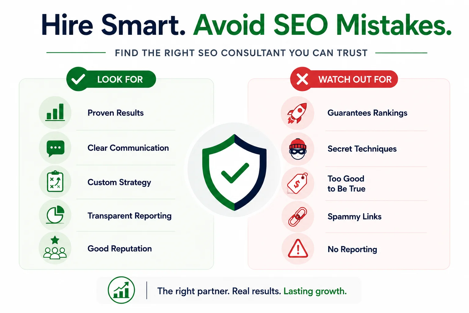 Infographic on choosing the right SEO consultant, comparing trusted qualities like proven results and clear communication with common red flags such as ranking guarantees, spammy links, and poor reporting.