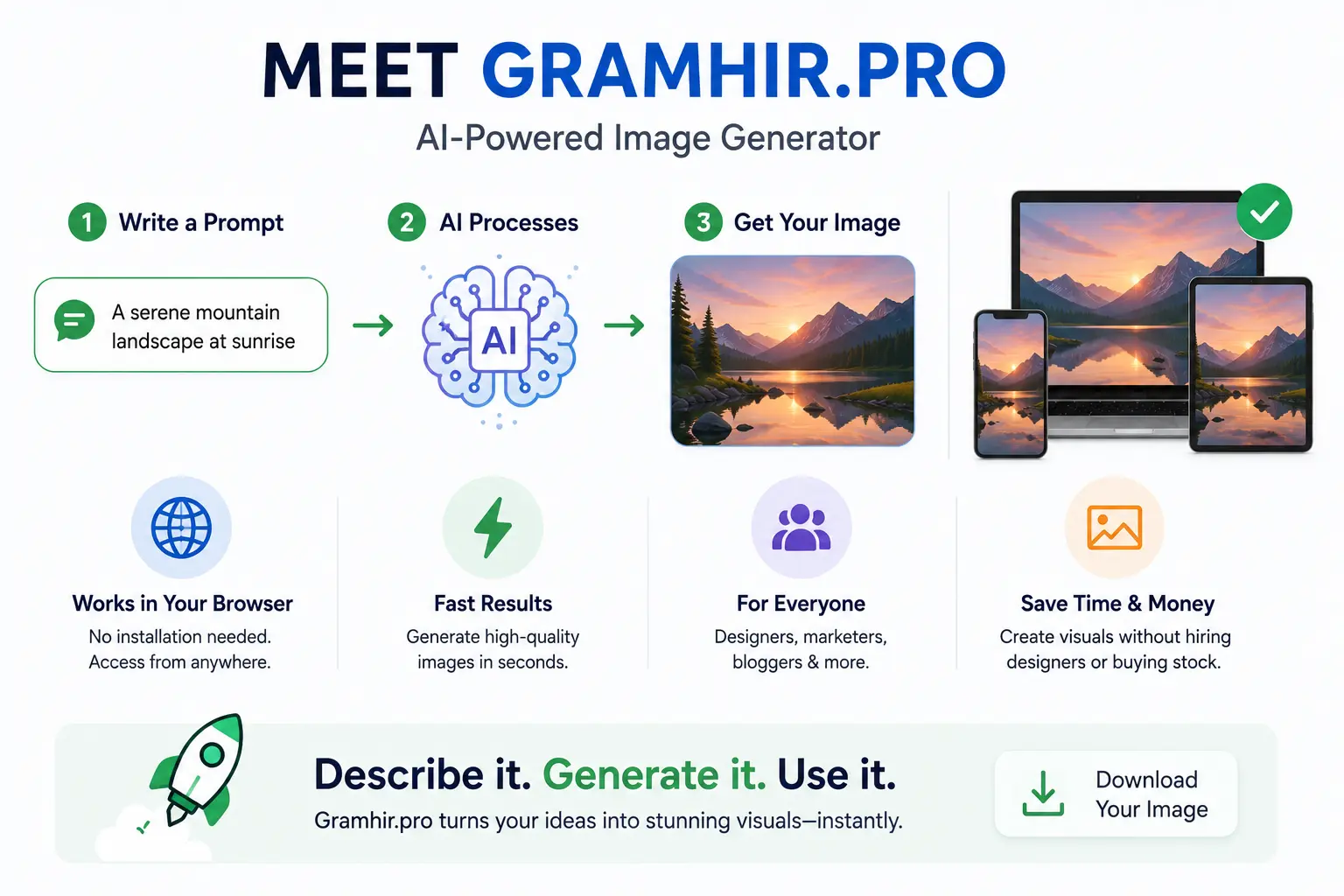 Gramhir.pro AI image generator turning text prompts into visuals.