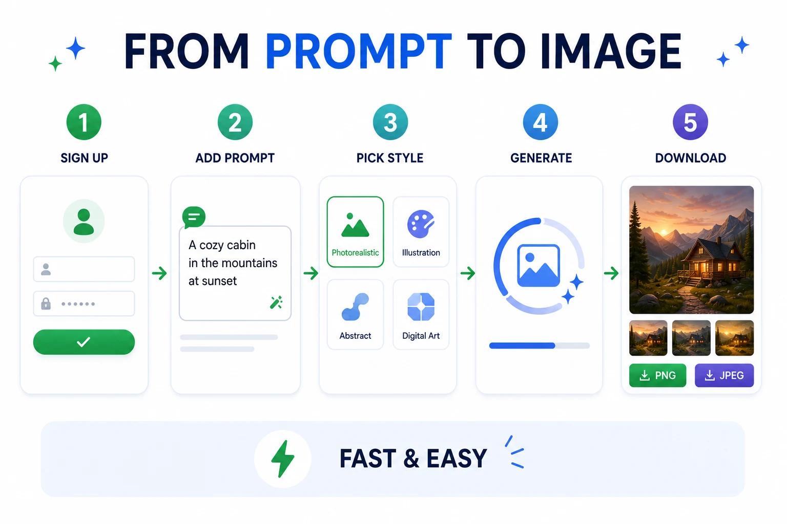 Five-step infographic showing prompt-to-image creation using AI generator.