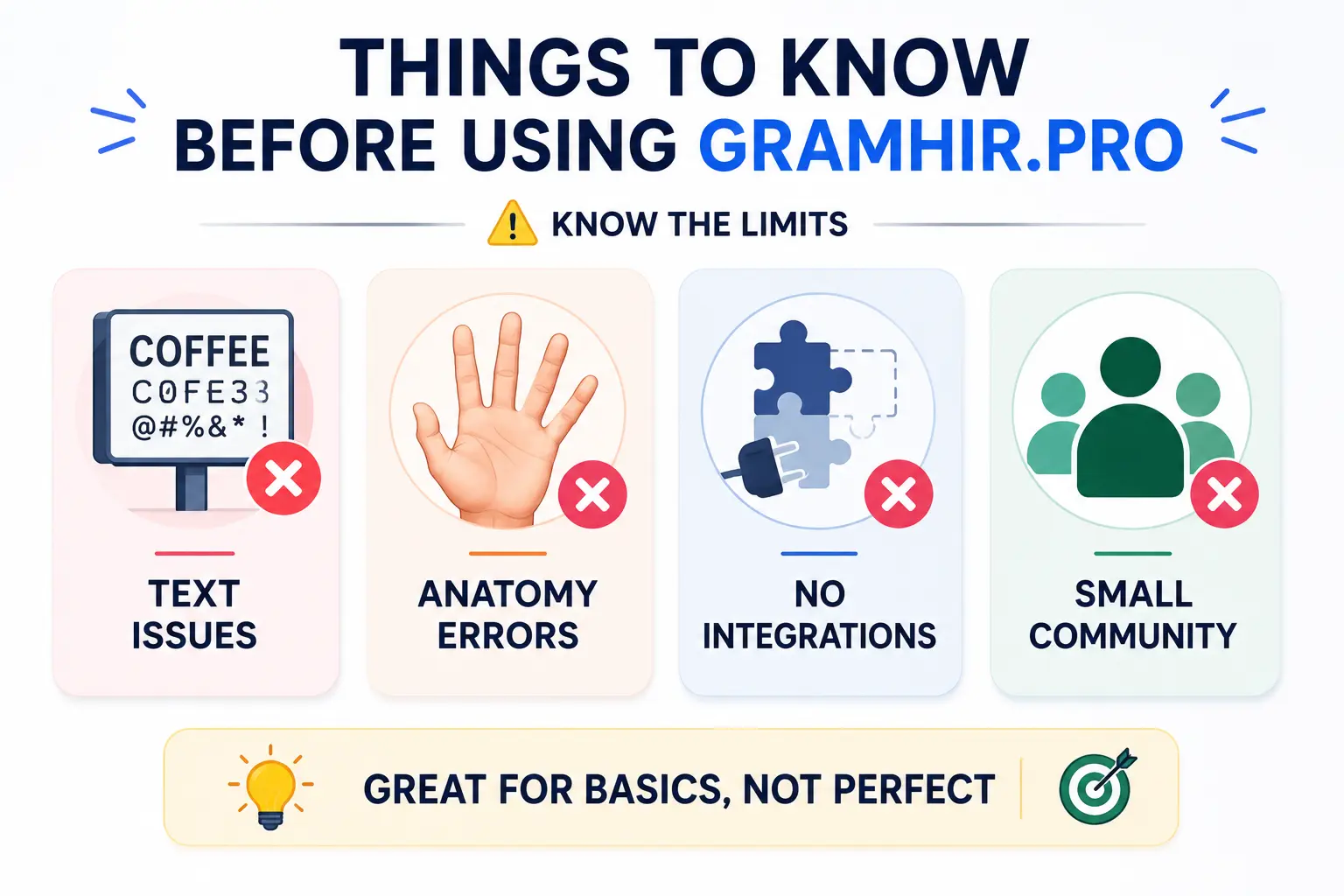 Gramhir.pro limitations infographic showing text, anatomy, integration, community challenges.