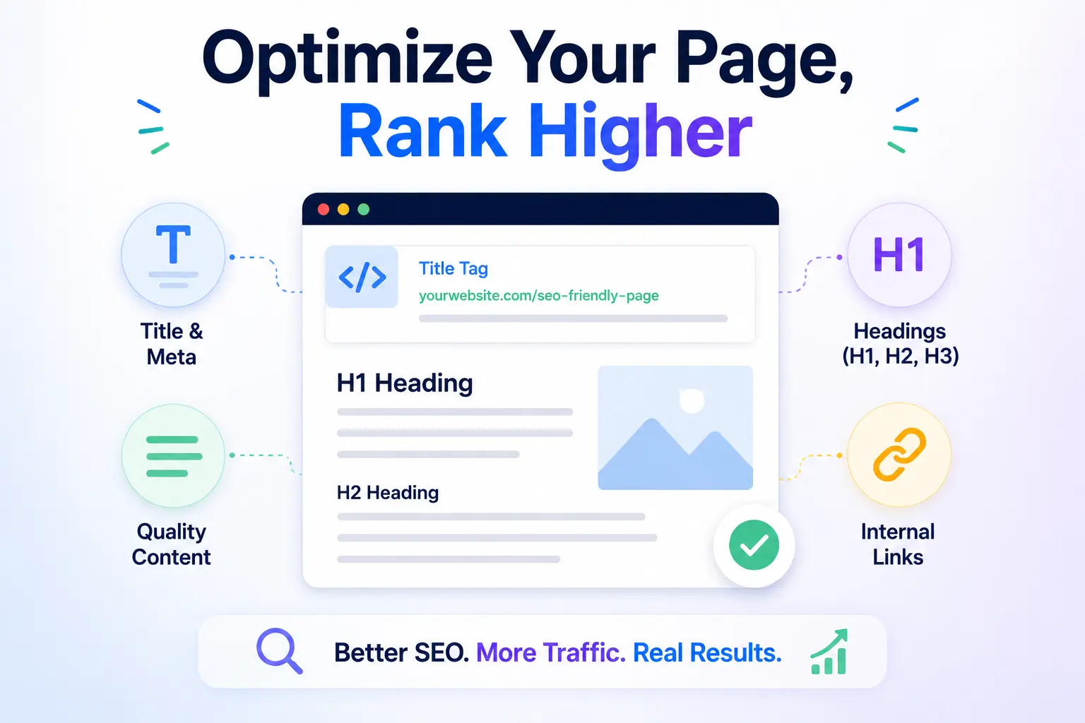 On-page SEO infographic showing page optimization elements for higher rankings.