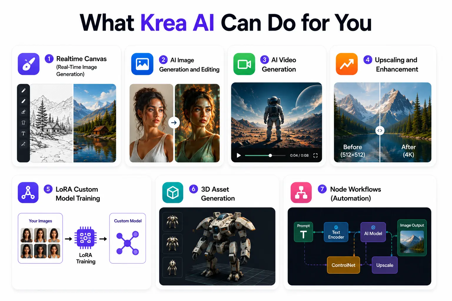 Krea AI features infographic showcasing image, video, 3D, upscaling, and automation tools.