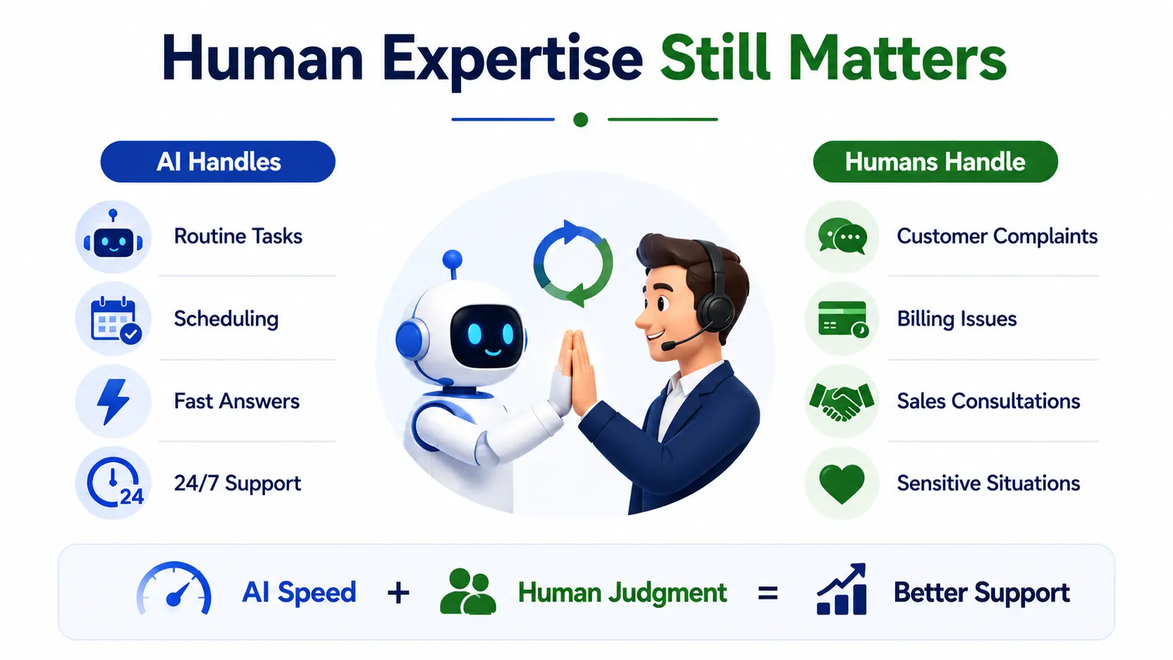Infographic showing how AI and human support work together, with AI handling routine tasks and 24/7 assistance while human agents manage complex issues, customer complaints, billing concerns, and sensitive situations for better overall support.