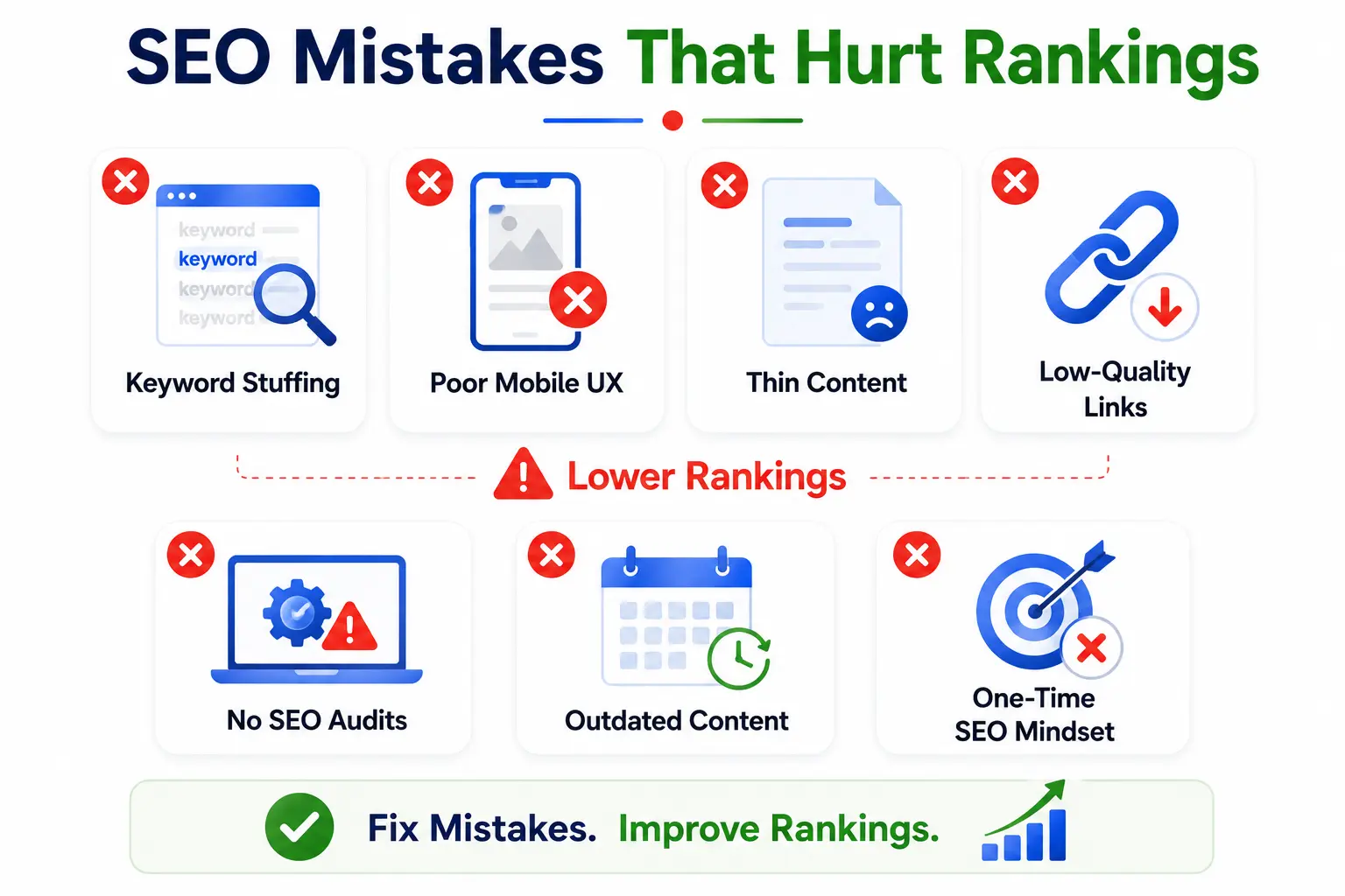 Infographic highlighting common SEO mistakes that hurt rankings, including keyword stuffing, poor mobile experience, thin content, low-quality backlinks, skipped SEO audits, outdated content, and treating SEO as a one-time task.