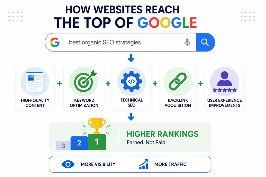 Infographic illustrating how websites achieve higher organic Google rankings through a combination of high-quality content, keyword optimization, technical SEO, backlink acquisition, and user experience improvements, resulting in greater visibility, increased traffic, and top search positions.