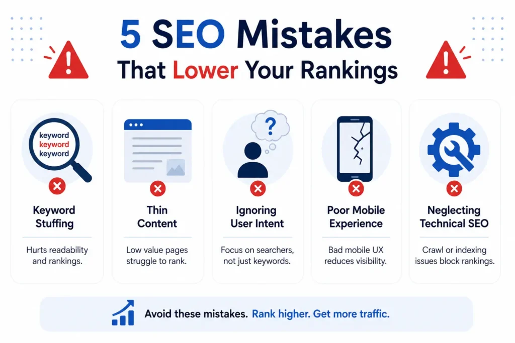 SEO mistakes infographic showing issues that negatively impact rankings.