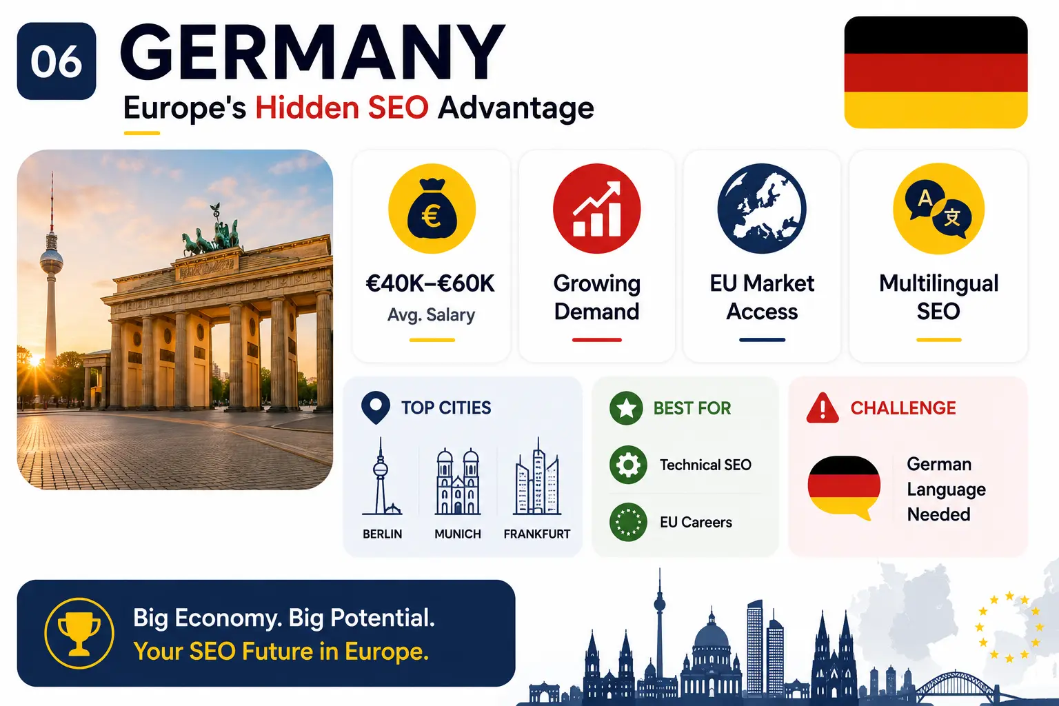 Infographic highlighting Germany as a growing SEO opportunity in Europe, featuring competitive salaries, increasing demand, EU market access, multilingual SEO opportunities, major cities, and strong prospects for technical SEO professionals.
