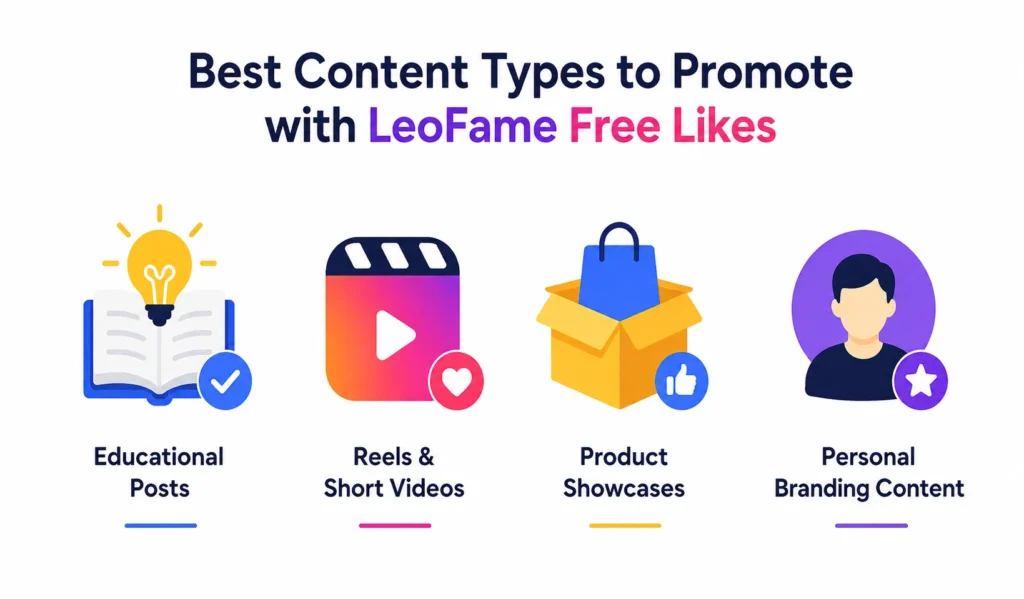 Infographic titled “Best Content Types to Promote with LeoFame Free Likes,” featuring icons for educational posts, reels and short videos, product showcases, and personal branding content on a light background.