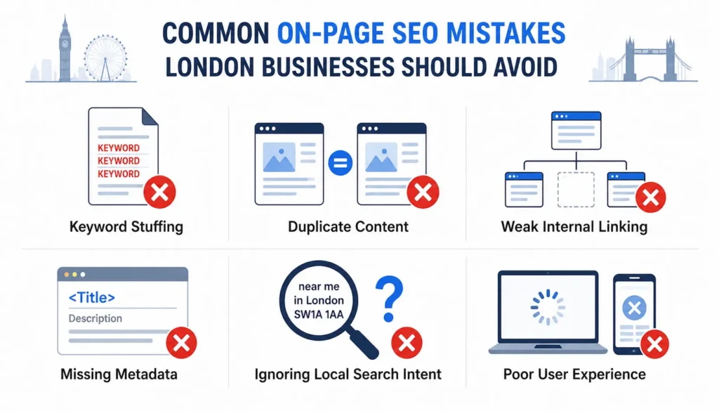 Infographic showing common on-page SEO mistakes London businesses should avoid, including keyword stuffing, duplicate content, weak internal linking, missing metadata, ignoring local search intent, and poor user experience.
