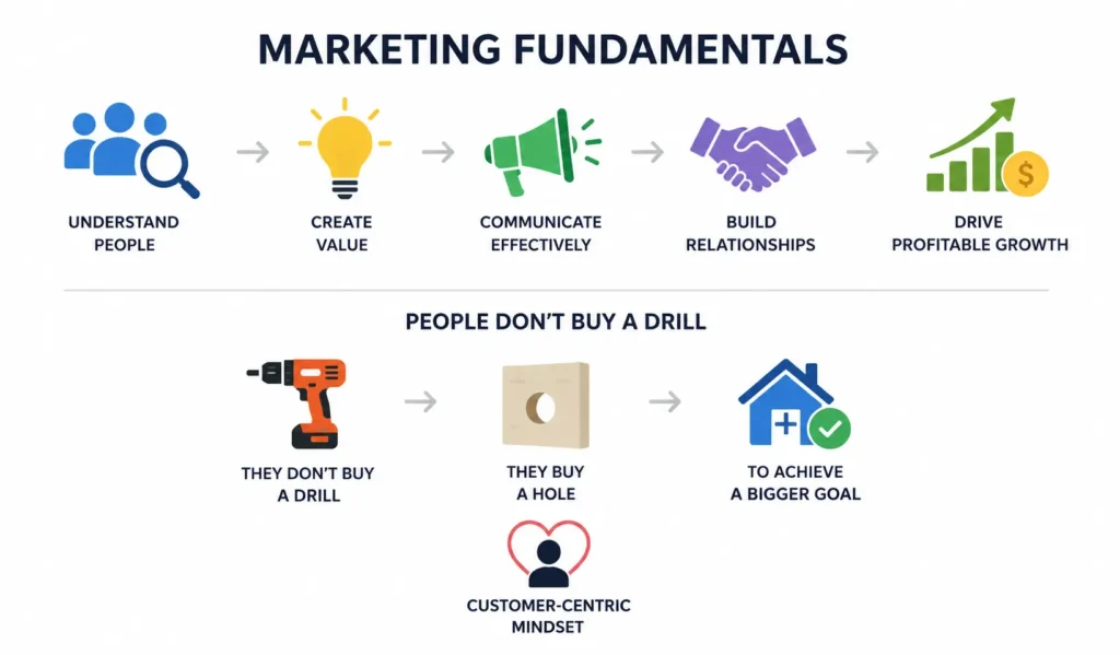 Infographic showing traditional marketing channels such as TV, radio, newspapers, magazines, billboards, flyers, and direct mail used to reach large audiences.