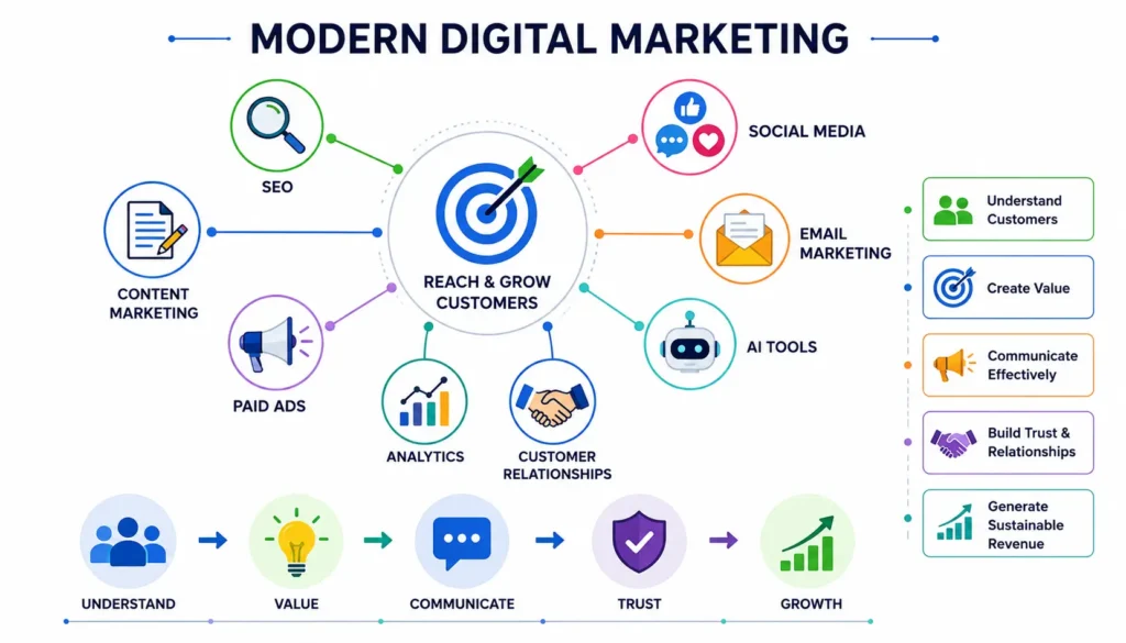 Infographic showing modern digital marketing channels including SEO, content marketing, social media, email marketing, paid ads, AI tools, and analytics connected to customer growth.