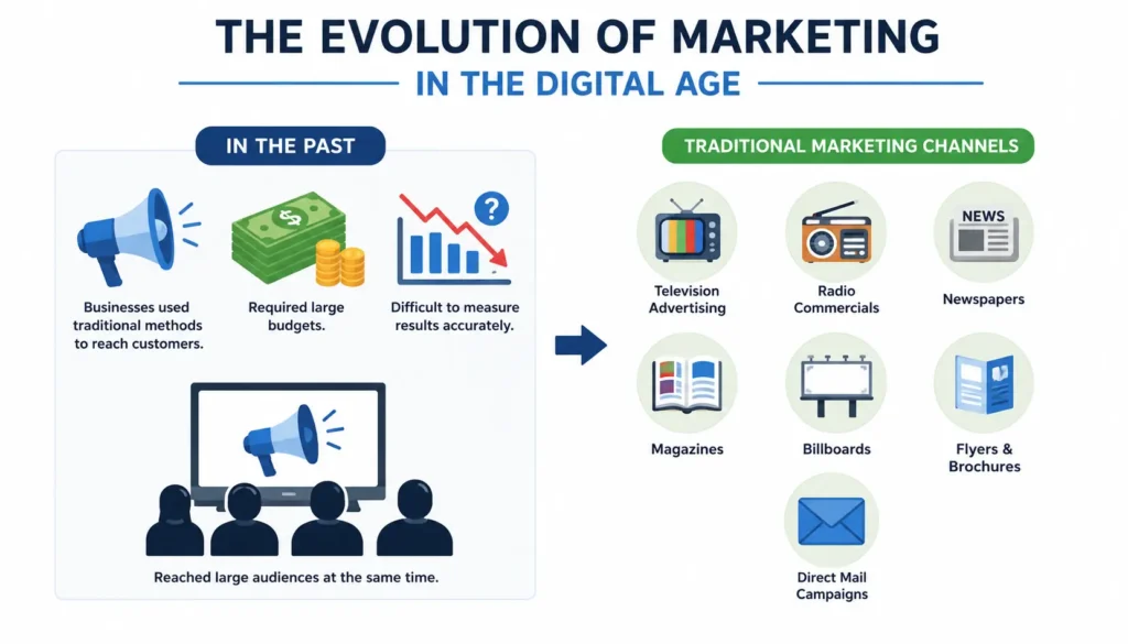 Infographic showing traditional marketing channels such as TV, radio, newspapers, magazines, billboards, flyers, and direct mail used to reach large audiences.