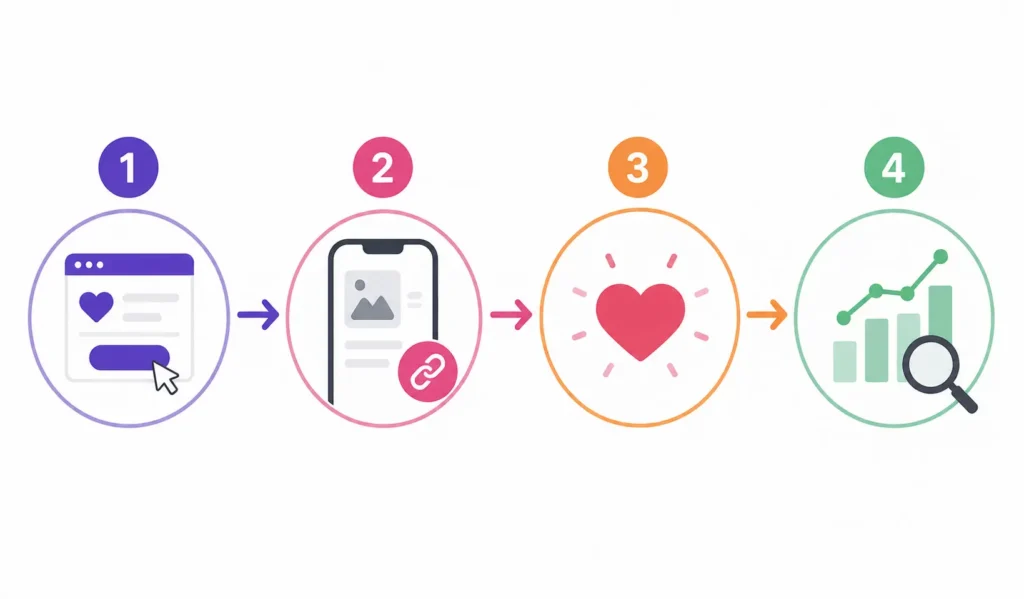 Four-step social media engagement process with post submission, link sharing, likes, and performance analytics icons.I prefer this response