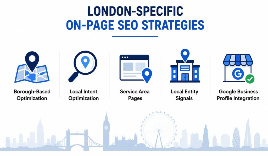 London-specific on-page SEO strategies infographic featuring borough optimization, local intent targeting, service area pages, local entity signals, and Google Business Profile integration.