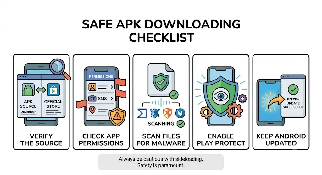 Infographic showing a safe APK downloading checklist with security tips and malware protection.