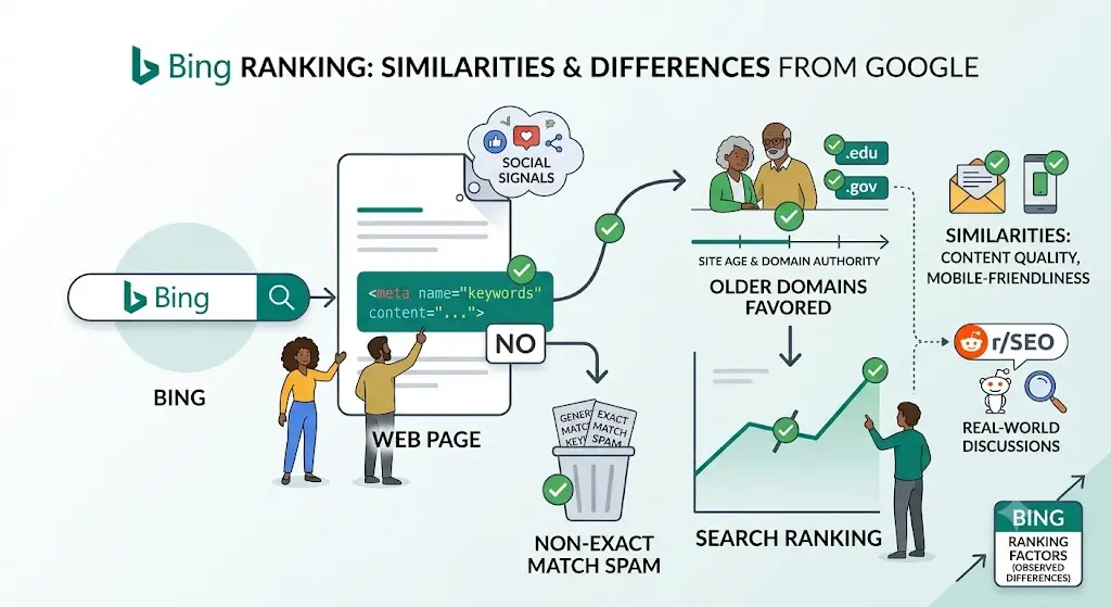 nfographic comparing Bing and Google ranking factors, emphasizing ignored meta keywords and key SEO signals.