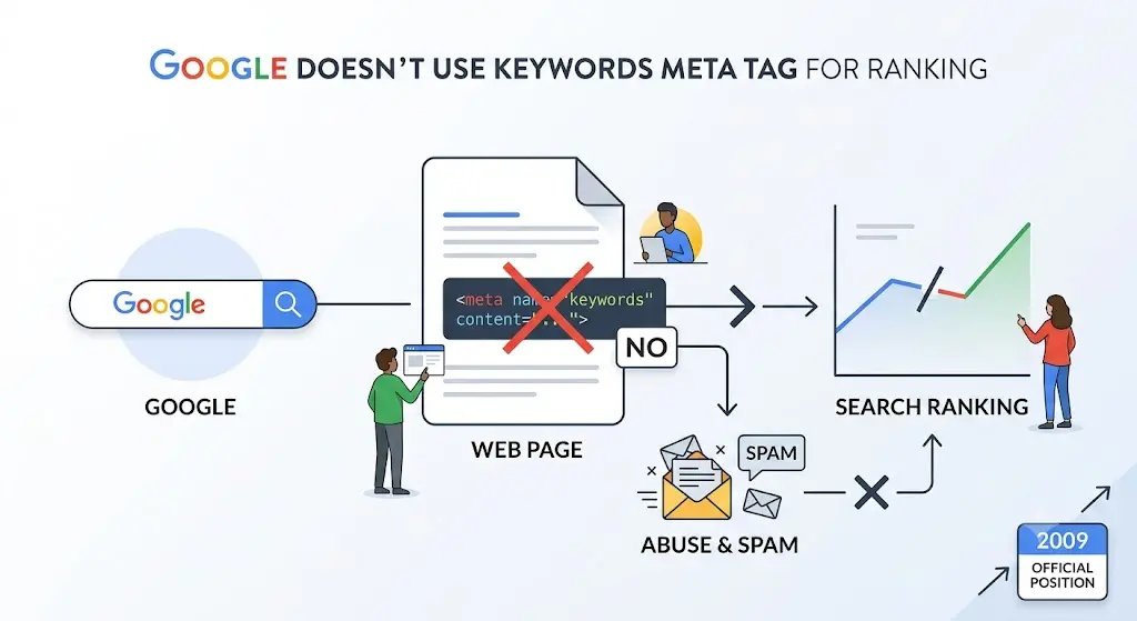Infographic showing Bing ranking factors, highlighting that meta keywords are ignored while content quality, authority, and search signals influence rankings.
