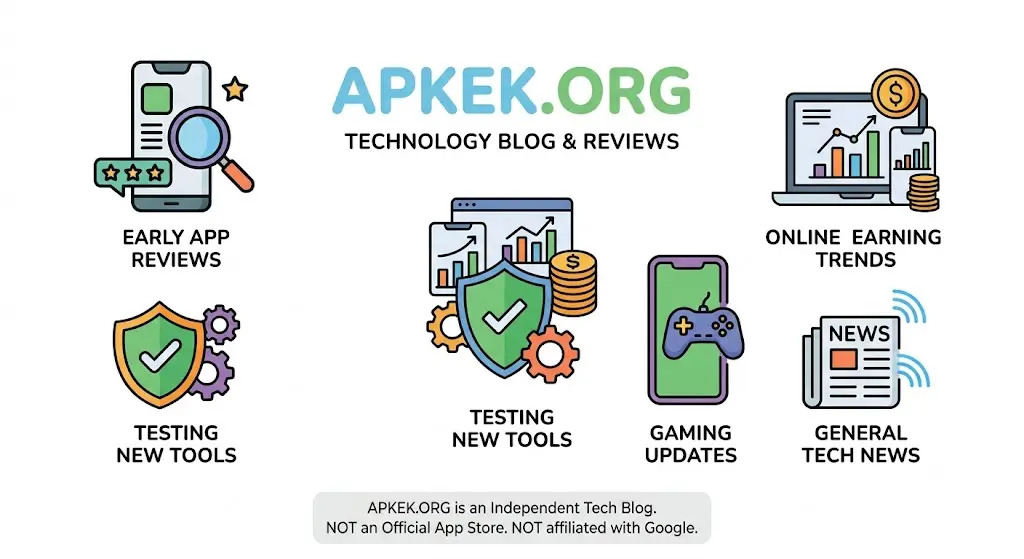 Infographic showing Apkek.org features, including app reviews, tech news, gaming updates, and online earning content.