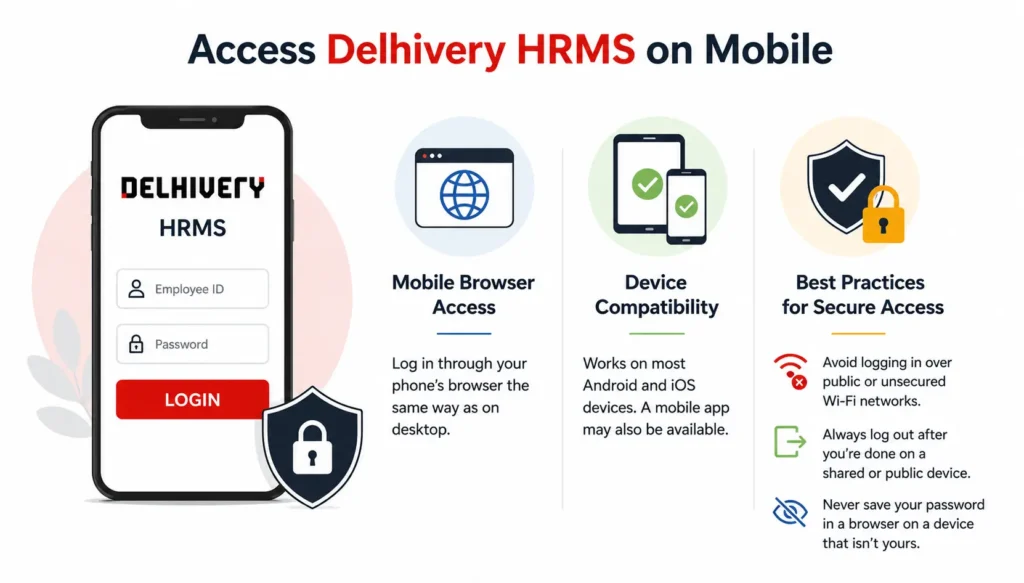 Delhivery HRMS mobile login with secure access and device compatibility icons