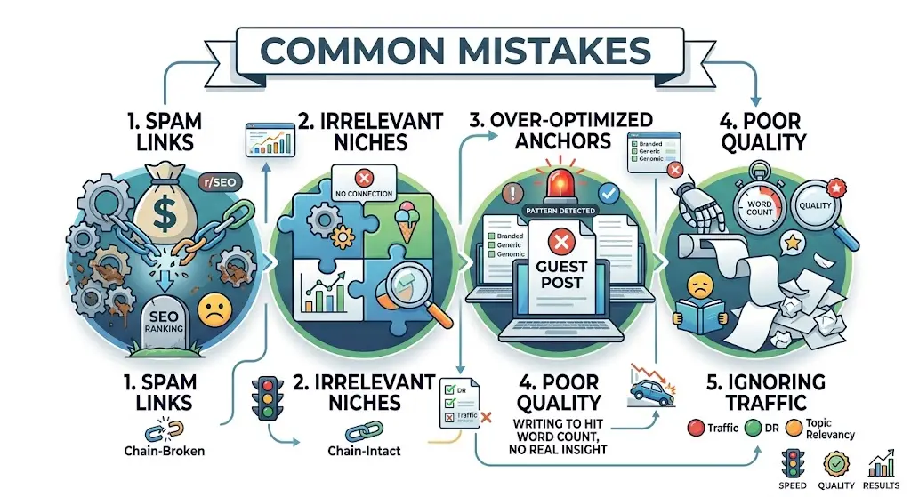 Infographic highlighting common guest posting mistakes, including spam links, irrelevant niches, over-optimized anchor text, poor content quality, and ignoring website traffic.