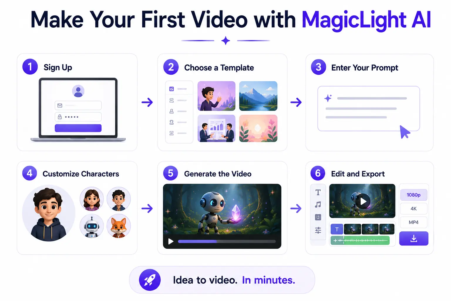 MagicLight AI infographic showing six steps from signup to video export.