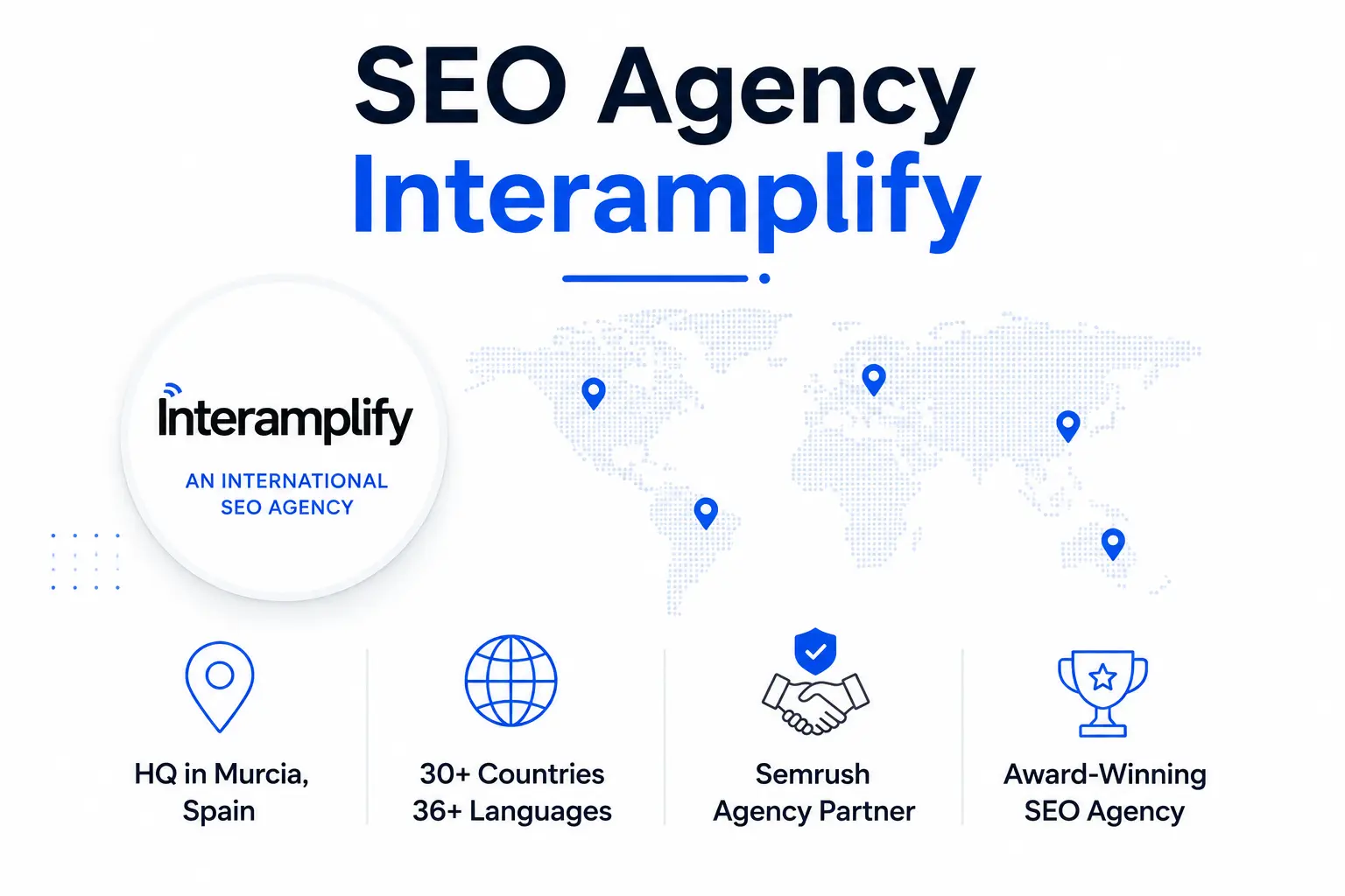 Infographic introducing Interamplify as a global SEO agency with international reach, Semrush partnership, and award-winning expertise.