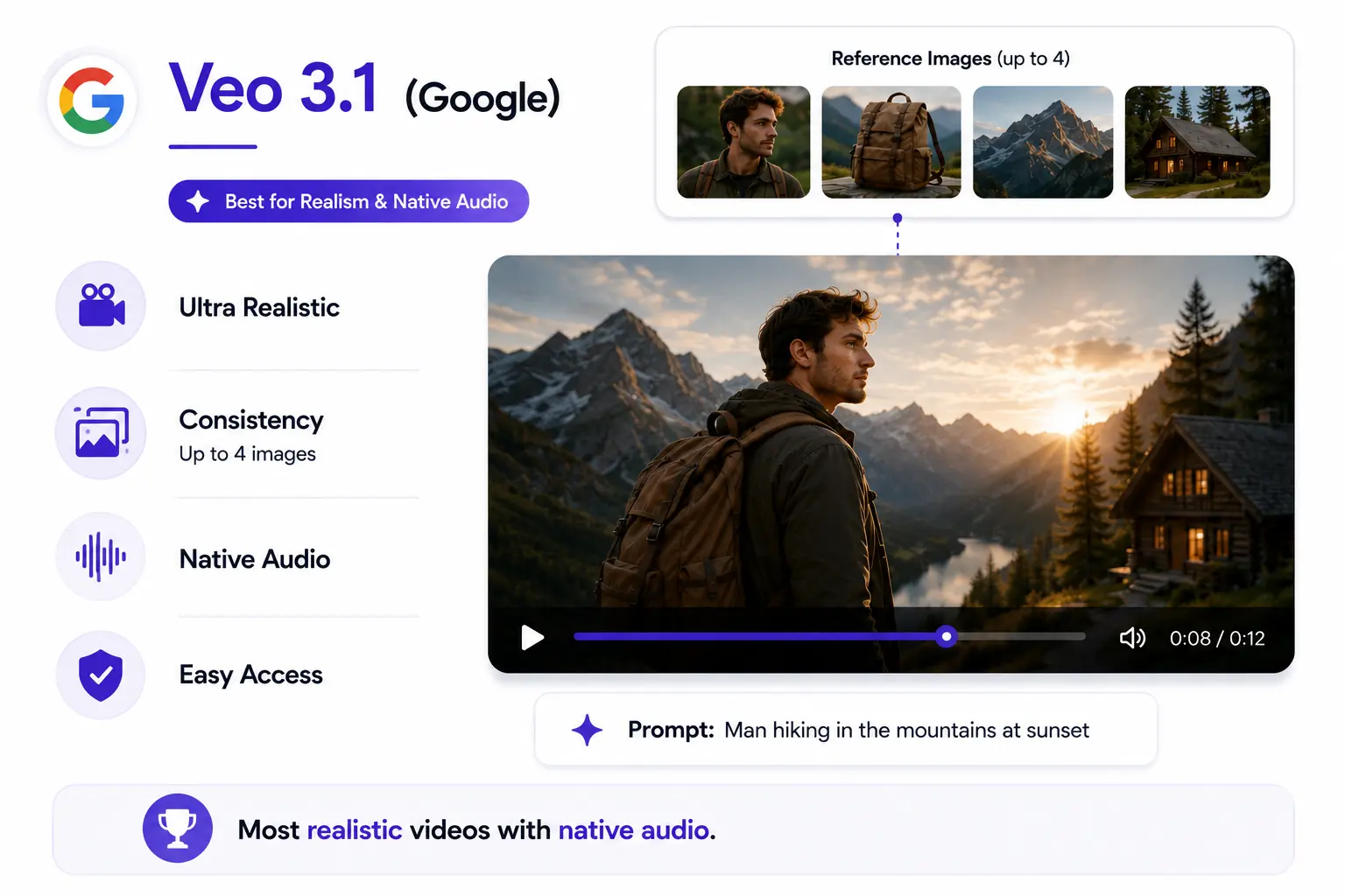 Veo 3.1 infographic highlighting realistic AI video generation and native audio.