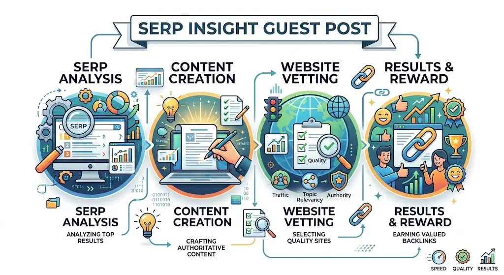 Infographic illustrating the SERP Insight guest post process, from SERP analysis and content creation to website vetting and backlink results.