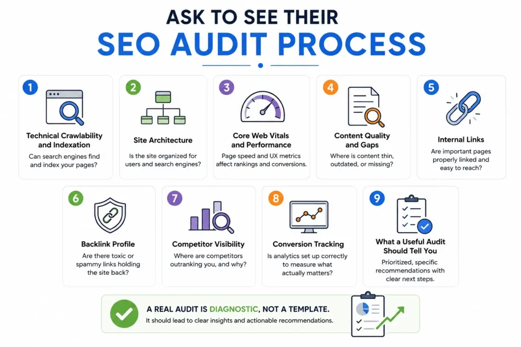 SEO audit process covering crawlability, site architecture, Core Web Vitals, content gaps, internal links, backlinks, competitors, conversion tracking, and actionable recommendations.