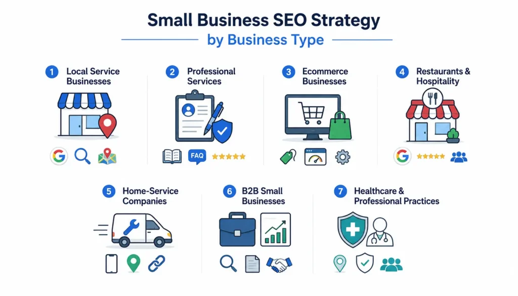 Small business SEO strategies by business type, including local services, professional services, ecommerce, restaurants, home services, B2B, and healthcare.