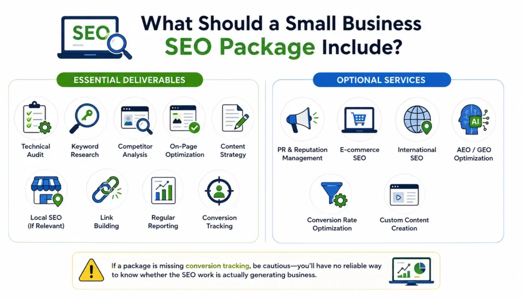 Small business SEO package showing essential deliverables and optional services, including technical audits, keyword research, local SEO, reporting, AEO, GEO, and conversion tracking.
