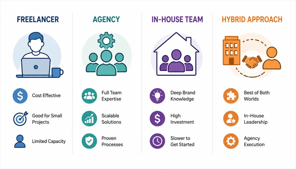 Comparison of freelancer, agency, in-house team, and hybrid SEO service models.