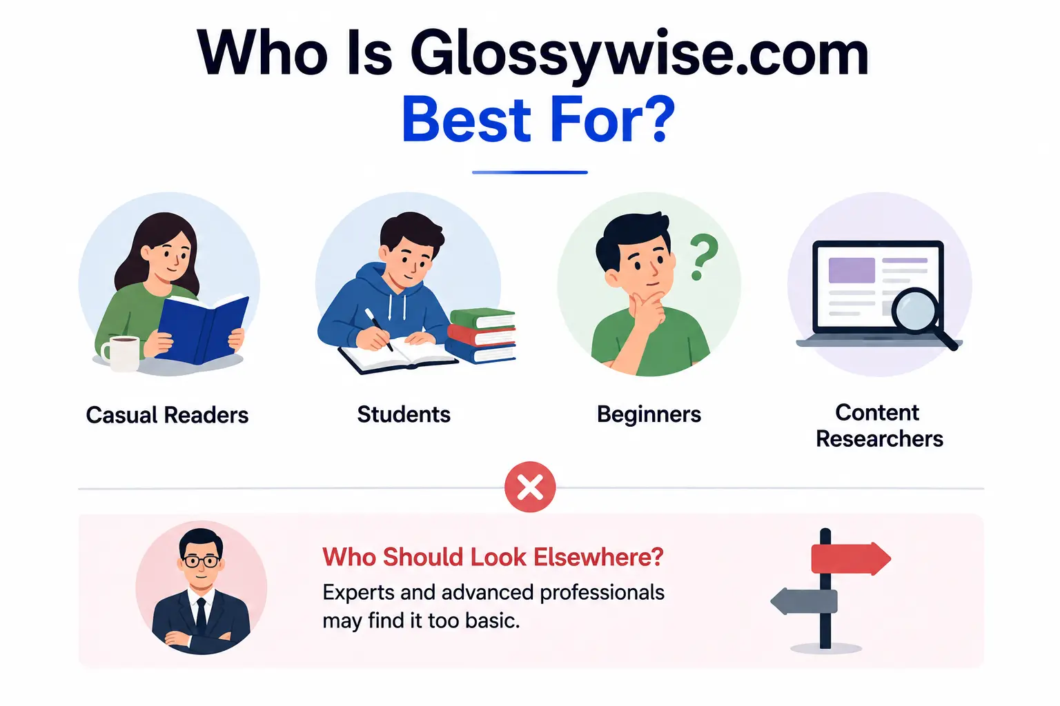 who Glossywise.com is best suited for, including readers, students, beginners, and content researchers.