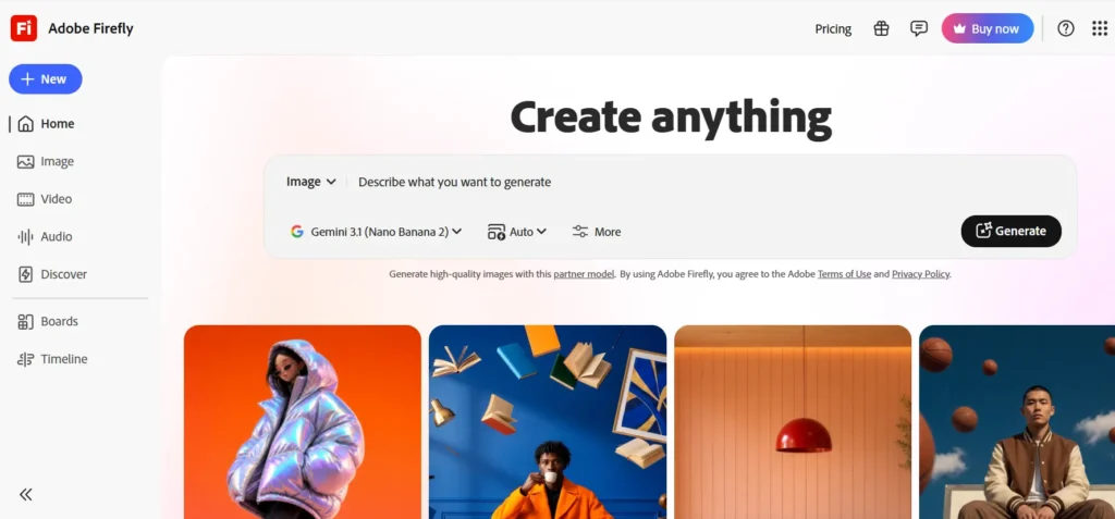 homepage of  Adobe Firefly