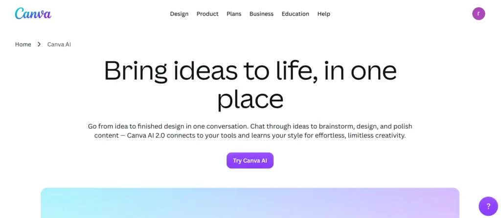 Homepage of canva ai