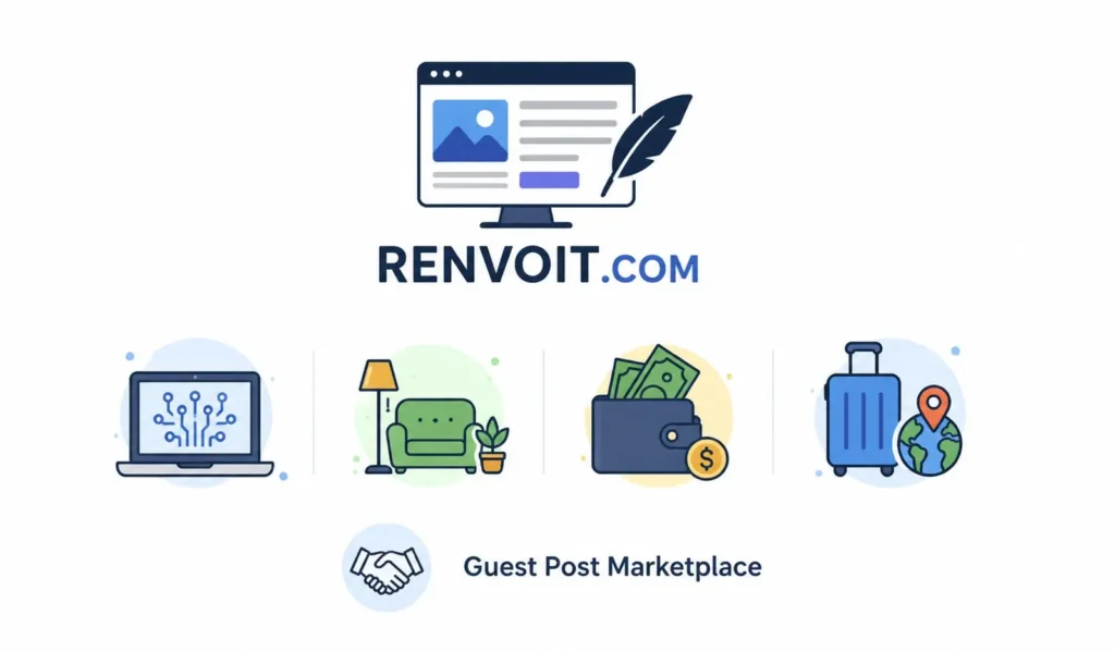 Renvoit.com logo graphic with icons for technology, home/lifestyle, finance, and travel, labeled "Guest Post Marketplace" with a handshake icon.