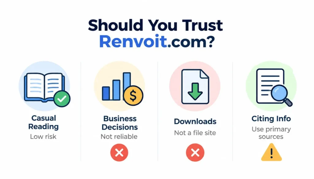 Infographic titled "Should You Trust Renvoit.com?" showing four use cases: casual reading (low risk, checkmark), business decisions (not reliable, X), downloads (not a file site, X), and citing info (use primary sources, warning icon).