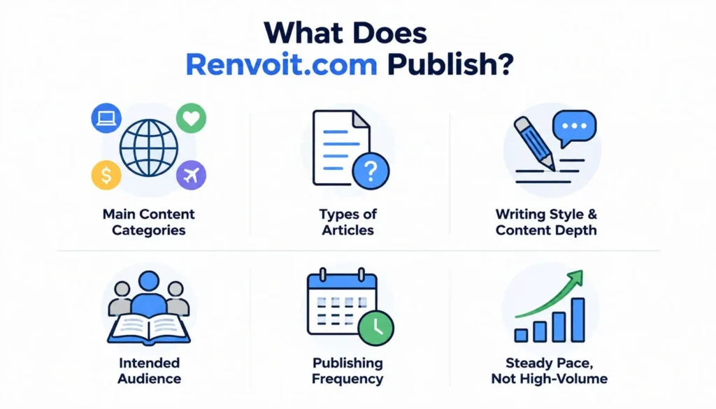 Infographic titled "What Does Renvoit.com Publish?" with six icons: Main Content Categories, Types of Articles, Writing Style & Content Depth, Intended Audience, Publishing Frequency, and Steady Pace Not High-Volume.