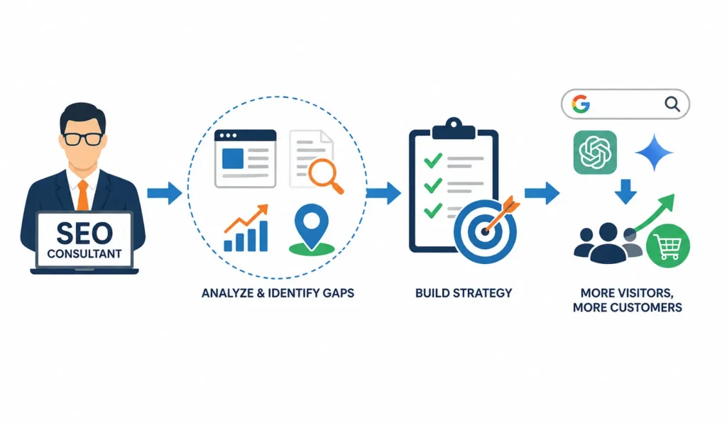 SEO consultant analyzing website performance, identifying SEO gaps, and building a strategy to increase visitors and customers through Google and AI search