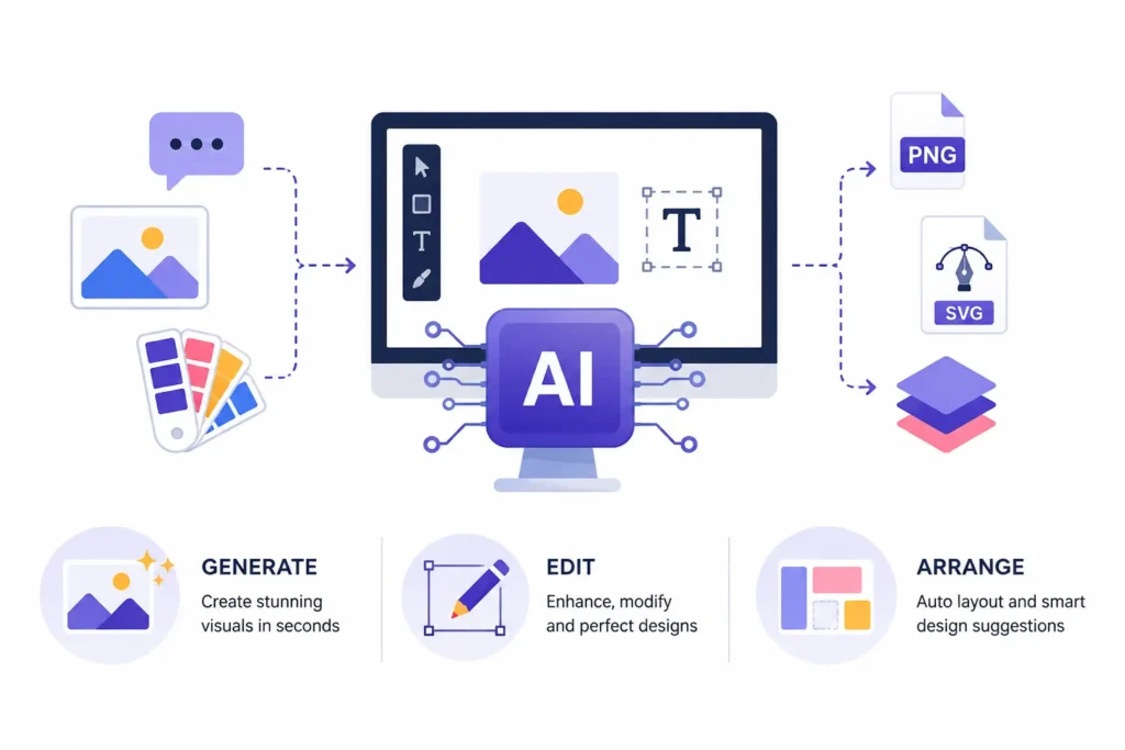 AI graphic design tools showing how AI can generate, edit, and arrange visual content.