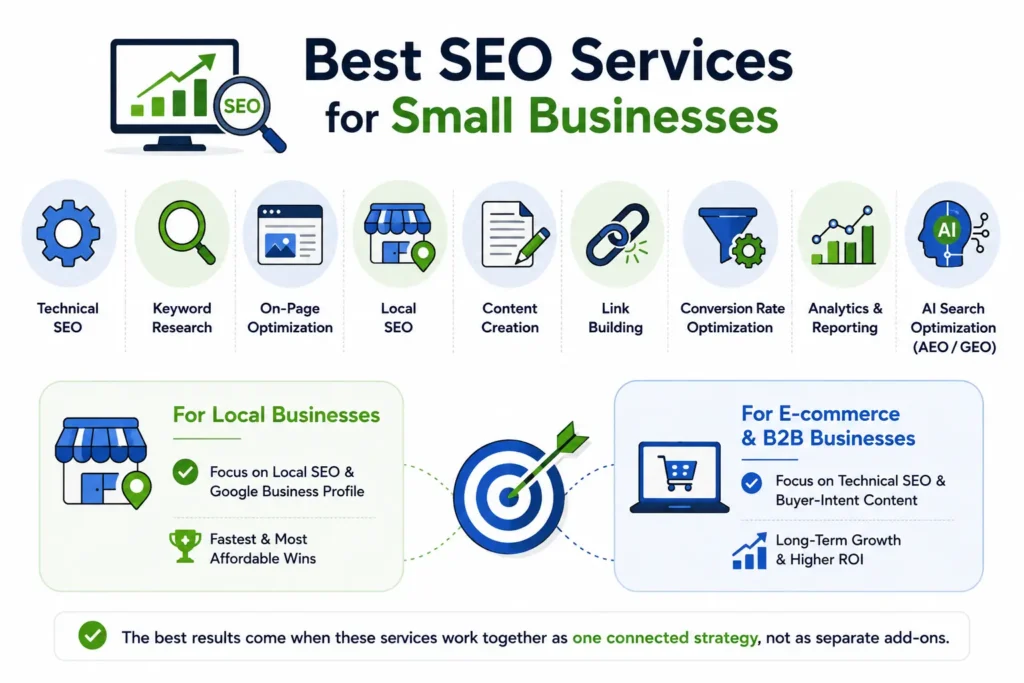 Best SEO services for small businesses, including technical SEO, keyword research, local SEO, content, link building, analytics, and AI search optimization.