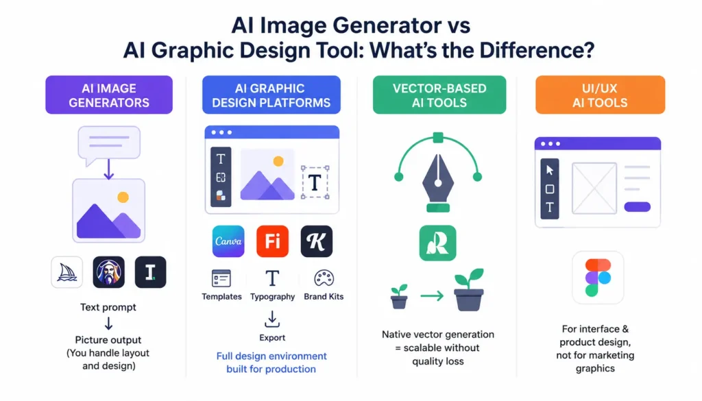 Comparison of AI image generators, graphic design platforms, vector tools, and UI/UX AI tools.
