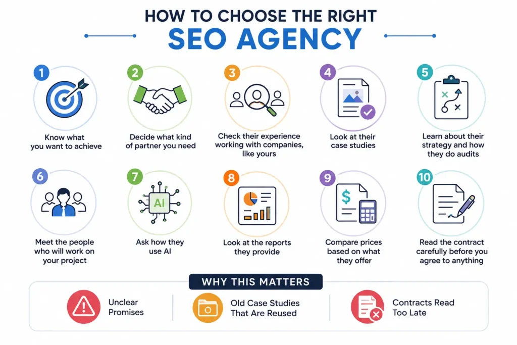 How to choose the right SEO agency using 10 key factors, including experience, case studies, strategy, AI, reporting, pricing, and contracts.