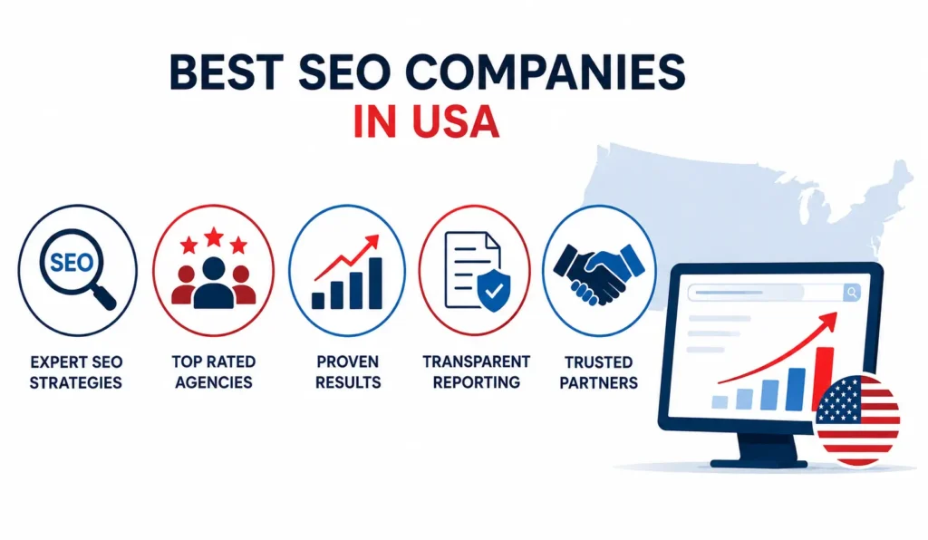 Illustration of the best SEO companies in the USA with SEO strategy and growth icons.