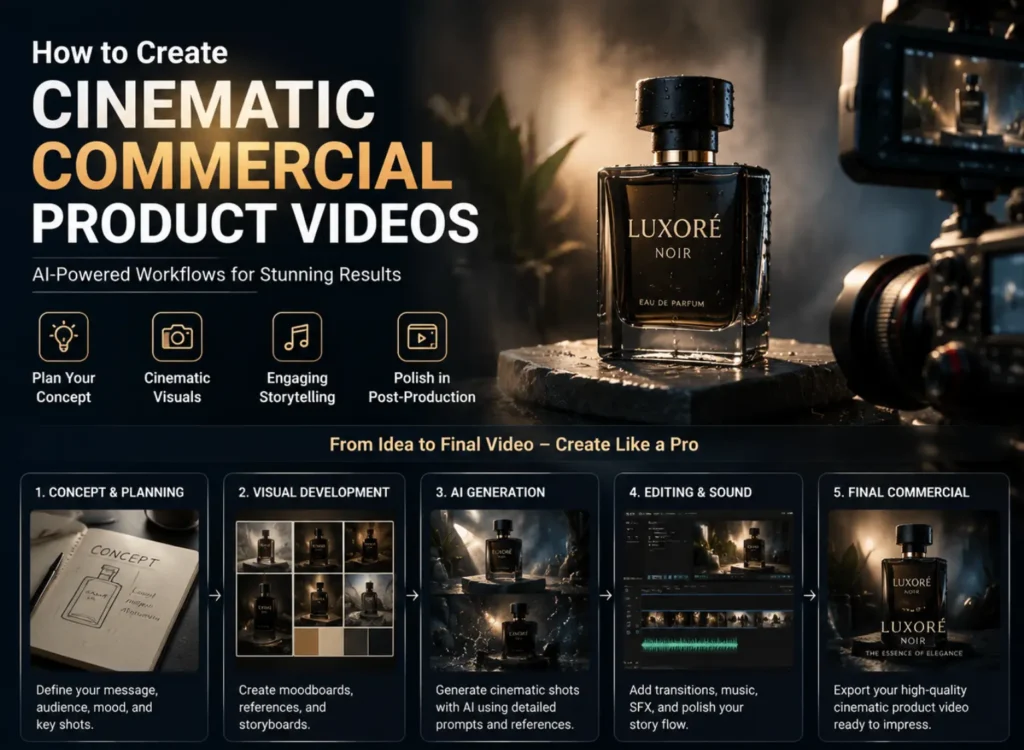 Cinematic AI workflow for creating commercial product videos from concept planning to final editing.