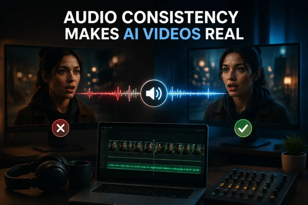 Visual comparison showing how audio consistency makes AI-generated video characters realistic.