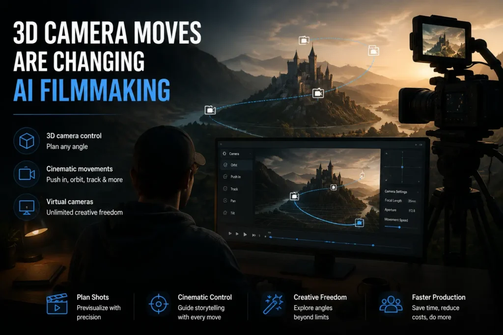 Filmmaker using AI software to plan 3D camera paths around a virtual scene.