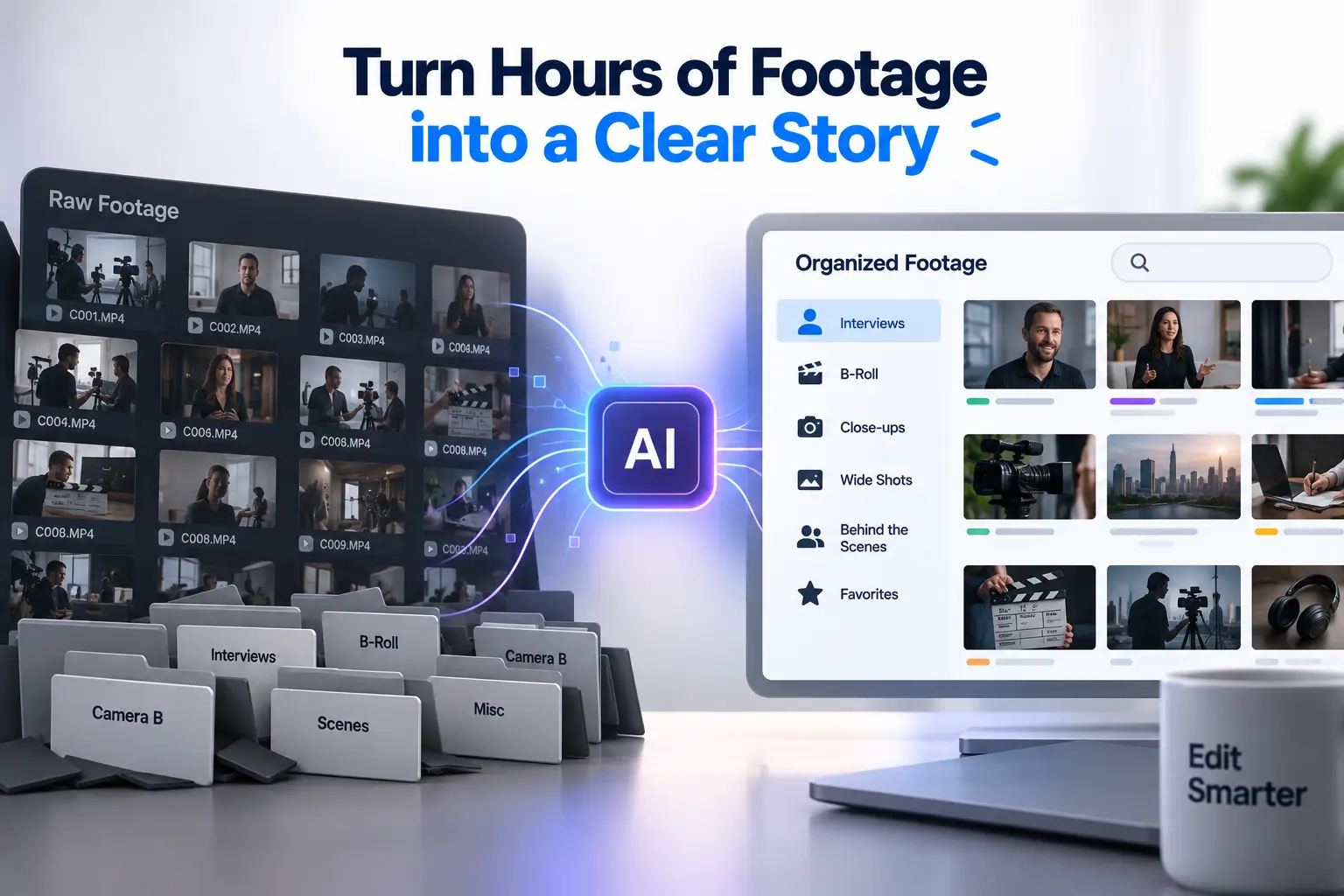AI-assisted footage review and organization for video editing.